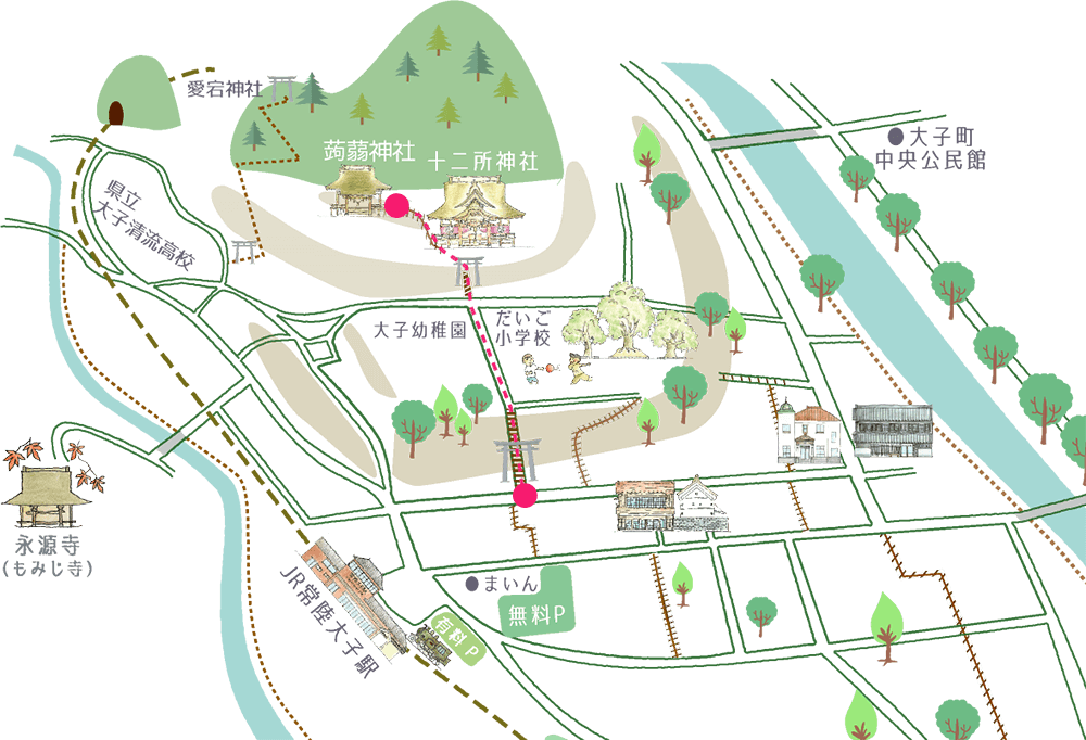 百段階段から十二所神社、蒟蒻神社Map